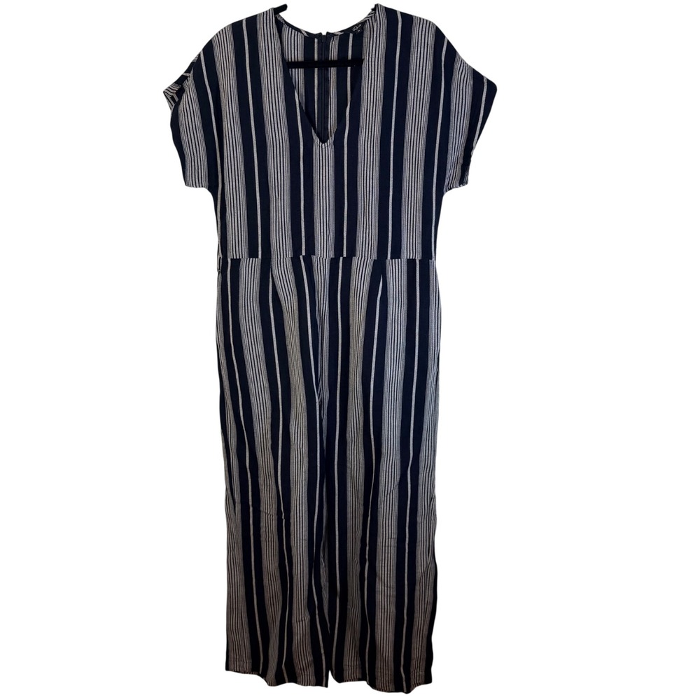 Rails Womens M Navy Linen Blend Striped Wide Leg V-Neck Jumpsuit Pockets